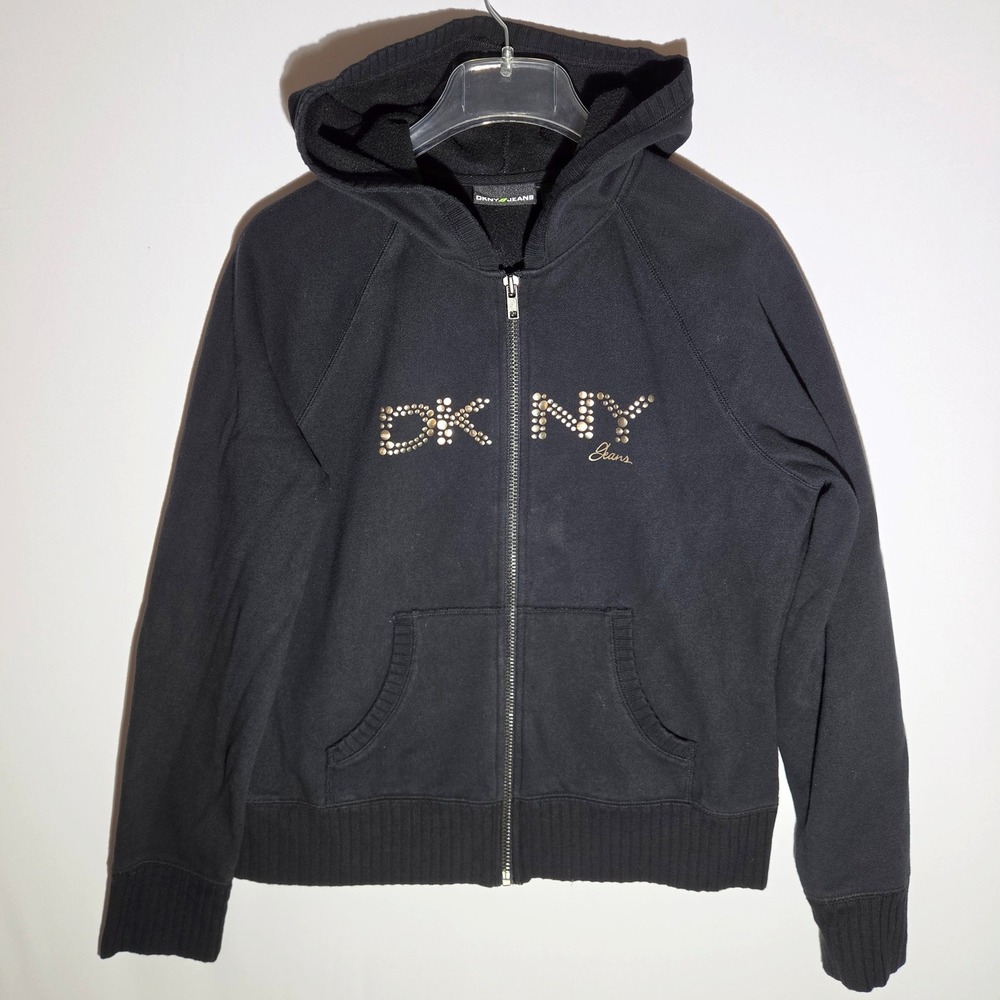 DKNY Jeans Zip‎ Up Hoodie Womens XL Black Studded Logo Y2K Sweatshirt